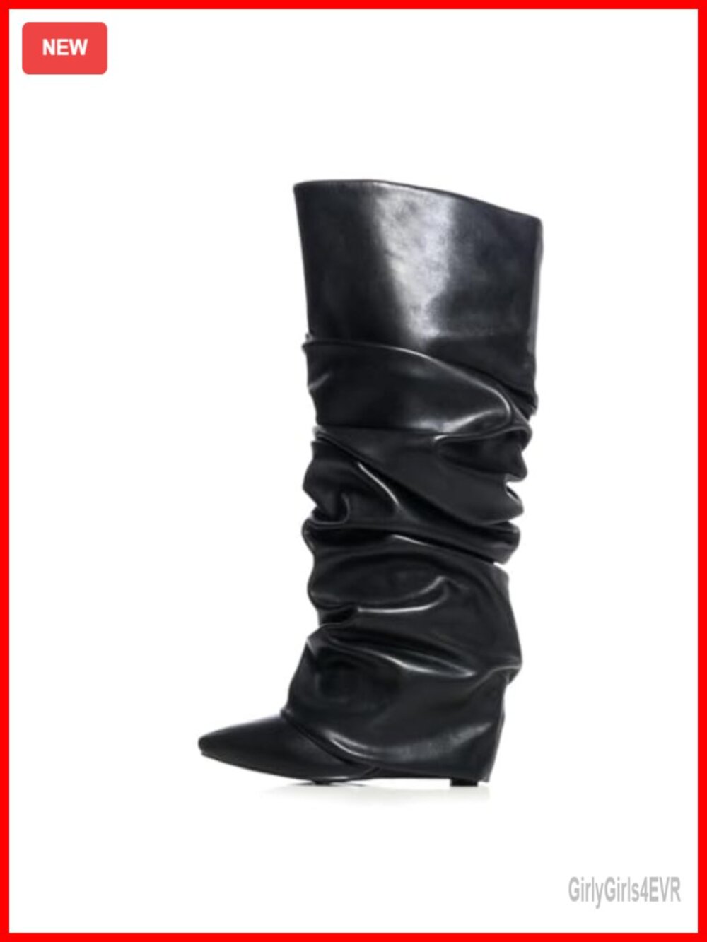 Women Knee High Fold Over Boots Pointed Toe PU Leather Wedge Heel Tall Boots